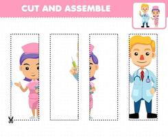 Lernspiel für Kinder Schneiden üben und Puzzle mit niedlichem Cartoon Arzt und Krankenschwester Beruf druckbares Arbeitsblatt zusammenbauen vektor