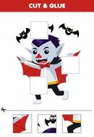 bildungsspiel für kinder schneiden und kleben schneiden sie teile des niedlichen cartoon dracula kostüms und kleben sie sie druckbares halloween-arbeitsblatt vektor