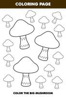 Bildungsspiel für Kinder Malvorlagen großes oder kleines Bild von niedlichen Cartoon-Pilz-Gemüse-Strichzeichnungen druckbares Arbeitsblatt vektor