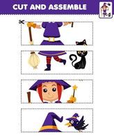 Lernspiel für Kinder Schneiden üben und Puzzle mit niedlichem Cartoon-Hexenkostüm-Halloween-Arbeitsblatt zum Ausdrucken zusammenbauen vektor