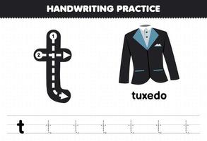 bildungsspiel für kinder handschriftübung mit kleinbuchstaben t für tuxedo druckbares arbeitsblatt