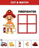 Lernspiel für Kinder Schneiden und passen Sie die richtigen Sachen für das druckbare Arbeitsblatt für den Beruf des niedlichen Cartoon-Feuerwehrmanns an vektor