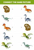 Bildungsspiel für Kinder Verbinden Sie das gleiche Bild des druckbaren Arbeitsblatts des niedlichen Cartoon-Prähistorischen Dinosauriers vektor