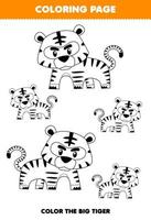 utbildningsspel för barn målarbok stor eller liten bild av söt tecknad tigerdjur linjekonst utskrivbart kalkylblad vektor