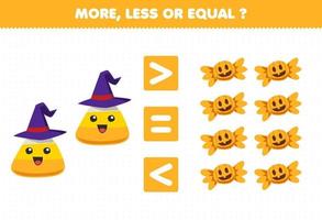 utbildningsspel för barn mer mindre eller lika räkna mängden söt tecknad majsgodis halloween utskrivbart kalkylblad vektor