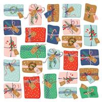 weihnachtlicher adventskalender. bunte handgezeichnete geschenkboxen mit zahlen. sammlung von vektorillustrationen von weihnachtsgeschenken. vektor