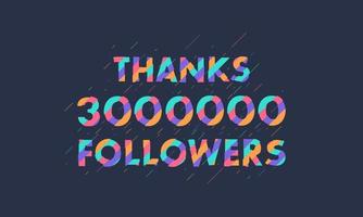 tack 3000000 följare, 3m följare firande modern färgglad design. vektor