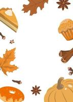 Herbstparty einfache rustikale Einladungskarte. einfache illustration von herbstblättern, orangefarbenem kürbis, cupcake, donut und gewürzen. isoliert auf weißem Hintergrund. vektor