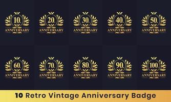 10 retro vintage jubileumsmärke logotyp. insamling av 10 års jubileumslogotyp för firande vektor