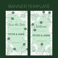 blommig bröllop vertikal banner mall i handritad doodle stil, inbjudningskort design med linje blommor och blad, prickar och bär. vektor dekorativ ram på vit och grön bakgrund.