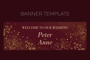blommig bröllop horisontell banner mall i elegant gyllene stil, välkommen till vårt bröllop, inbjudningskort design med guld blommor med löv, prickar och bär. vektor dekorativ ram på rika röda