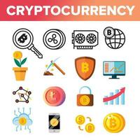cryptocurrency mynt ikonuppsättning vektor. krypto kontanter. säkerhet. guld pengar. gruvdrift virtuell sig. finansiell internetmarknad. linje, platt illustration vektor