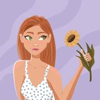 Mädchen mit langen braunen Haaren im Sommerkleid mit einer Sonnenblume. schöne selbstbewusste junge Frau. bunte vektorillustration. vektor