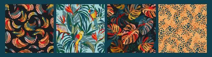satz abstrakte tropische nahtlose muster. Papageien, Bananen, tropische Pflanzen. modernes exotisches Design für Papier, Einband, Stoff, Innendekoration und andere Benutzer. vektor