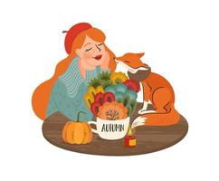 süßes Mädchen mit einem Fuchs. Herbstmärchenillustration. Vektordesign für Karten, Poster, Flyer, Web und andere Zwecke. vektor