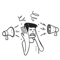 handritad doodle person täcker örat stress och yr från tryck påverkan media illustration vektor