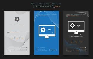 Social-Media-Beitragsvorlage mit Pixel-Computersymbol und Codierungstext für Programmierer-Tag-Design vektor