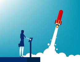 Geschäftsfrau startet Rakete. Konzept Business Startup Vector Illustration, erfolgreich, Leistung.