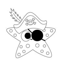 söt tecknad sjöstjärna pirat. rita illustration i svartvitt vektor
