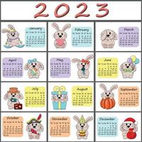 Kalender für 2023 mit süßen Zeichentrickfiguren Hasen, vektor