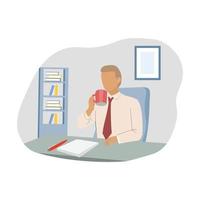 moderner Business-Illustrationsvektor mit Geschäftsmann, der auf einem Stuhl vor einem Laptop sitzt und eine Tasse heißen Kaffee als Hintergrundelement trinkt vektor