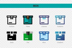 Box-Symbol in verschiedenen Stilen. Box-Vektorsymbole in Umrissen, soliden, farbigen, gefüllten, Farbverläufen und flachen Stilen. Symbol, Logoabbildung. Vektor-Illustration vektor