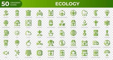 Satz von 50 Ökologie-Web-Icons im Verlaufsstil. Recycling, Biologie, erneuerbare Energien. Sammlung von Verlaufssymbolen. Vektor-Illustration