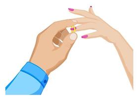 Mann steckt einen Ehering an den Finger einer Frau. Ehe, Familie, Hochzeitszeremonie. Cartoon-Vektor auf weißem Hintergrund vektor