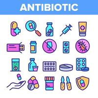 Farbe Antibiotika dünne Linie Symbole setzen Vektor