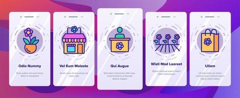 blomsteraffär boutique onboarding ikoner set vektor