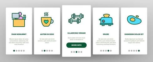 morgen essen und werkzeuge onboarding icons set vektor