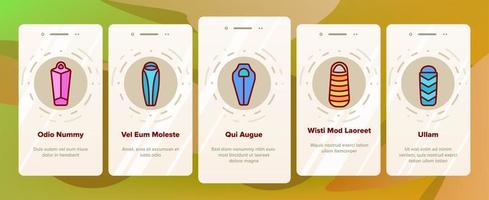 Onboarding-Symbole für Schlafsackzubehör setzen Vektor