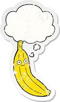 Cartoon-Banane und Gedankenblase als beunruhigter, abgenutzter Aufkleber vektor