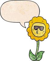 Cartoon-Blume und Sprechblase im Retro-Textur-Stil vektor