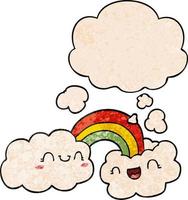 glückliche karikaturwolken und regenbogen und gedankenblase im schmutzbeschaffenheitsmusterstil vektor