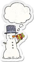 tecknad jul snögubbe och tankebubbla som en nödställd sliten klistermärke vektor