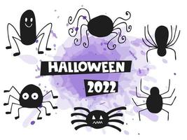 halloween 2022 - 31 oktober. en traditionell högtid. bus eller godis. vektor illustration i handritade doodle stil. uppsättning silhuetter av söta spindlar med en lila akvarellfläck.