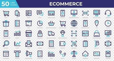 Satz von 50 E-Commerce-Websymbolen im farbigen Linienstil. Kreditkarte, Gewinn, Rechnung. Sammlung farbiger Umrisssymbole. Vektor-Illustration vektor