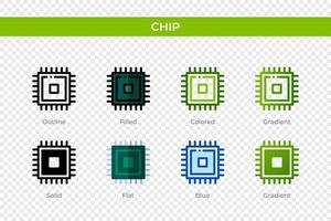 Chip-Symbol in verschiedenen Stilen. Chip-Vektorsymbole, die in Umrissen, soliden, farbigen, gefüllten, Farbverläufen und flachen Stilen entworfen wurden. Symbol, Logoabbildung. Vektor-Illustration vektor