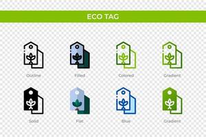 Eco-Tag-Symbol in verschiedenen Stilen. Öko-Tag-Vektorsymbole, die in Umrissen, soliden, farbigen, gefüllten, Farbverläufen und flachen Stilen entworfen wurden. Symbol, Logoabbildung. Vektor-Illustration vektor