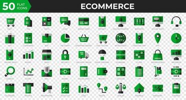 Satz von 50 E-Commerce-Web-Icons im flachen Stil. Kreditkarte, Gewinn, Rechnung. Sammlung von flachen Symbolen. Vektor-Illustration vektor