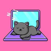süße katze, die auf laptop-cartoon-vektor-symbol-illustration schläft. flaches karikaturkonzept der tiertechnologie vektor