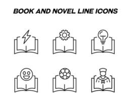 bok, läsning, utbildning och roman koncept. vektor tecken i platt stil. uppsättning linjeikoner av blixt, redskap, glödlampa, emoji, boll, kock över bok