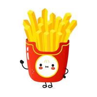 söt rolig pommes frites viftande hand karaktär. vektor handritad tecknad kawaii karaktär illustration ikon. isolerad på vit bakgrund. pommes frites karaktär koncept