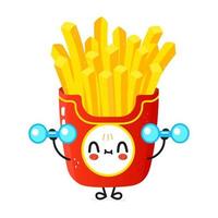 süßer lustiger pommes-frites-charakter mit hanteln. vektor hand gezeichnete karikatur kawaii charakter illustration symbol. isoliert auf weißem Hintergrund. Pommes-Frites-Charakter-Fitness-Konzept