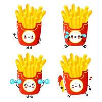 lustige niedliche glückliche Pommes-Frites-Zeichen-Bundle-Set. Vektor handgezeichnete Doodle-Stil Cartoon-Figur Illustration Icon-Design. süße Pommes-Frites-Maskottchen-Charaktersammlung