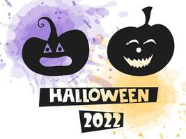 halloween 2022 - 31 oktober. traditionell helgdag. bus eller godis. vektor illustration doodle handritade. uppsättning silhuetter av pumpor med snidade ansikten med orange och lila akvarellfläck.