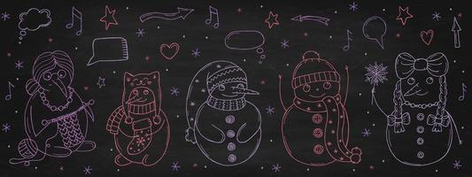 satz niedlicher schneemänner auf einer schwarzen kreidetafel. Vektorillustration im Doodle-Stil. Winterstimmung. hallo 2023. frohe weihnachten und ein gutes neues jahr. vektor