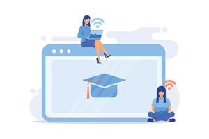 online förberedelse för lektion. internet skolläxor, universitetsuppgift, college onlineuppgifter. ung kvinna använder fjärrklasser webbplats. vektor illustration
