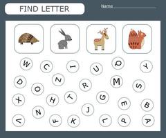 hitta den första bokstaven och matcha med bilden, ett spel för barn att lära sig alfabetet. arbetsblad för utskrift. pedagogiskt spel för barn. vektor